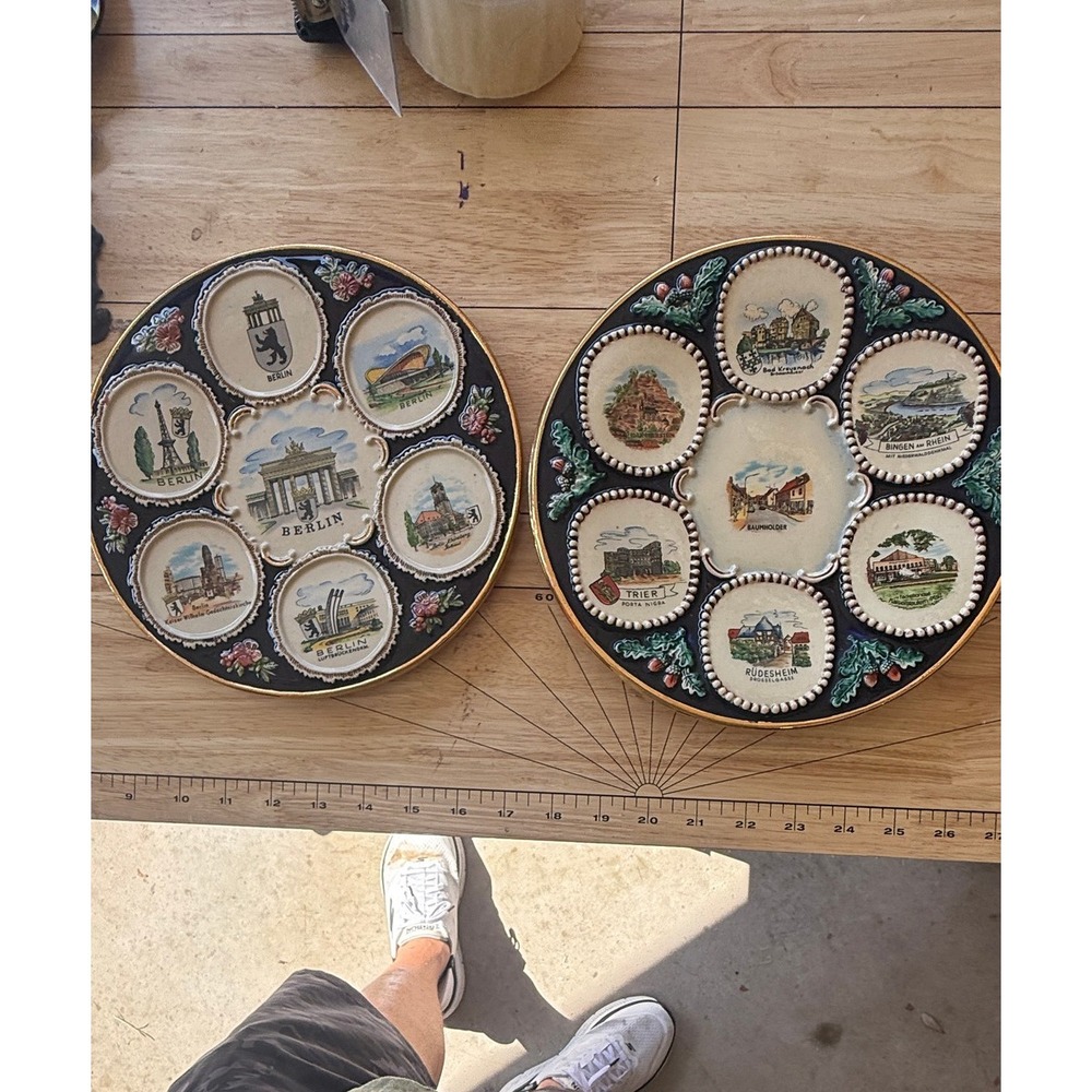 Vintage German Souvenir Relief Wall Plates - Berlin & Rhine